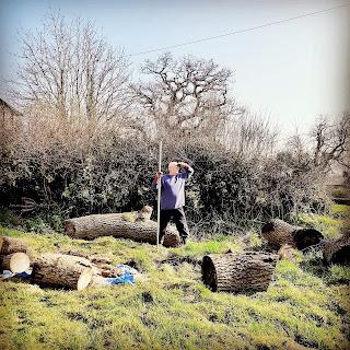 Man posing next to large chunk of tree trunk like he has hunted it, looks out to horizon