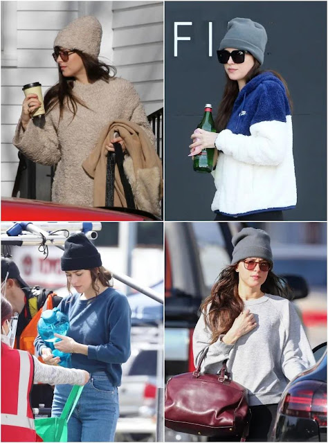 Dakota Johnson wore a knited hat and a sweater,