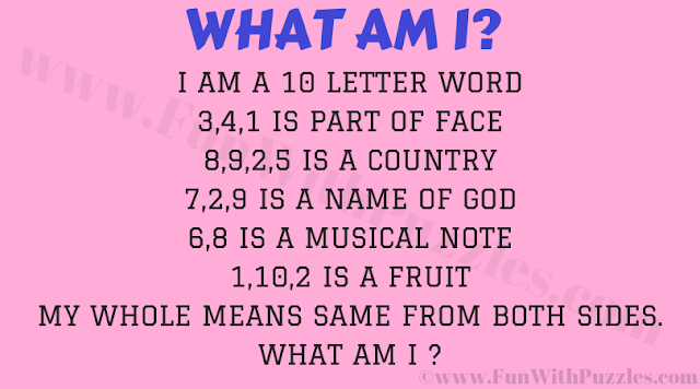 I am a 10 letter word 3,4,1 is part of pace 8,9,2,5 is a country 7,2,9 is a name of God 6,8 is a Musical Note 1,10,2 is a fruit My whole means same from both sides. What am I ?