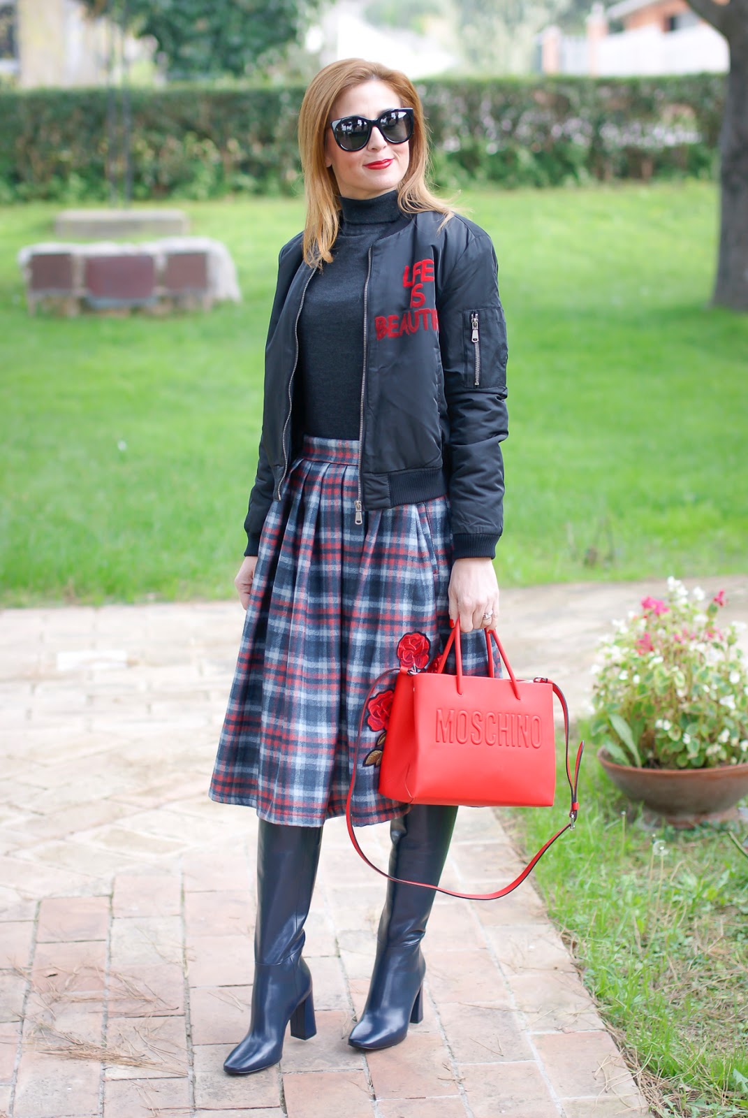 Checked embroidered midi skirt and bomber jacket on Fashion and Cookies fashion blog, fashion blogger style