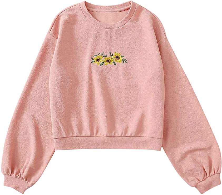 Women's Casual Floral Embroidery Long Sleeve Round Neck Pullover Sweatshirt