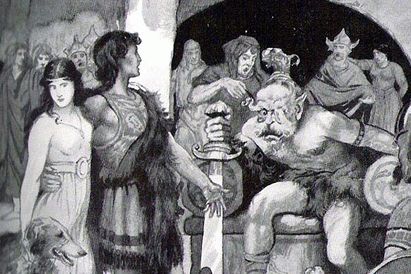 Conan-looking guy with his arm around a woman, standing in front of a one-eyed giant with a huge sword