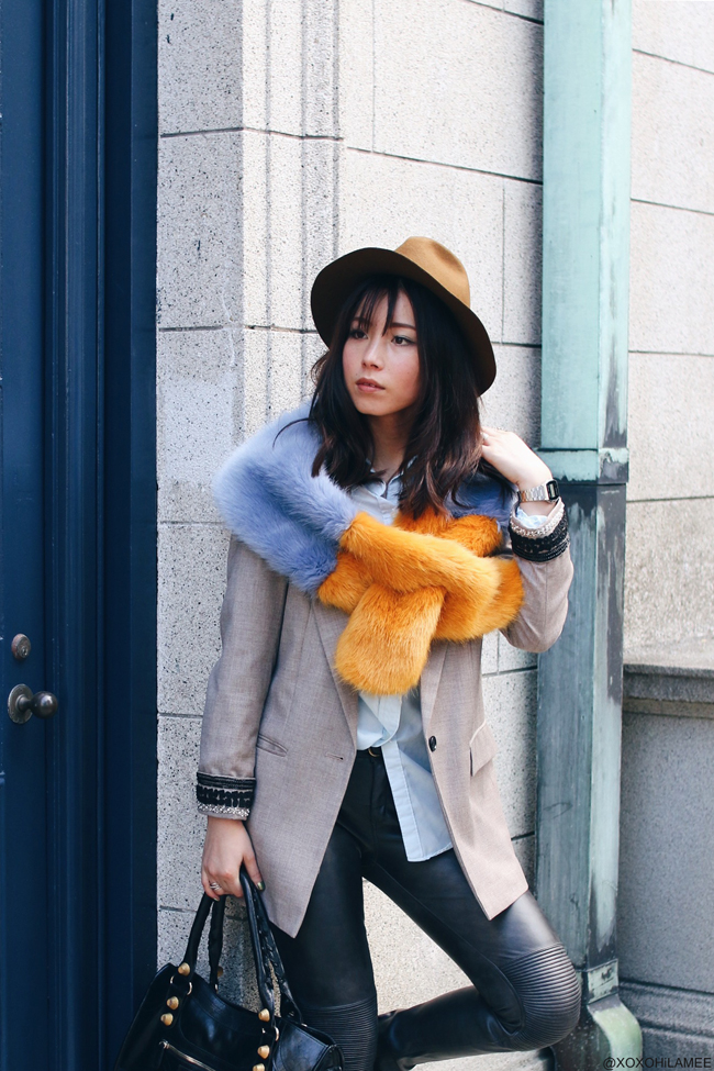 OOTD | テーラードジャケット×レザーパンツとカラーブロックファーマフラーのマスキュリンコーデ - Japanese Fashion