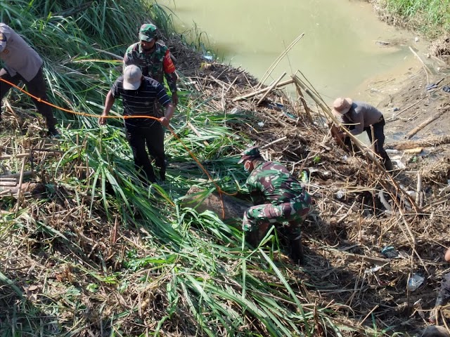 Jembatan Dongko Putus, TNI-Polri Bersama Warga Bersihkan Tumpukan Sampah