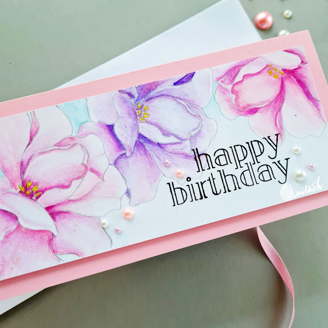 Floral slim line card, Alex Syberia designs digital stamps, floral birthday card, card in pink and purple, Digital stamps coloring, quillish