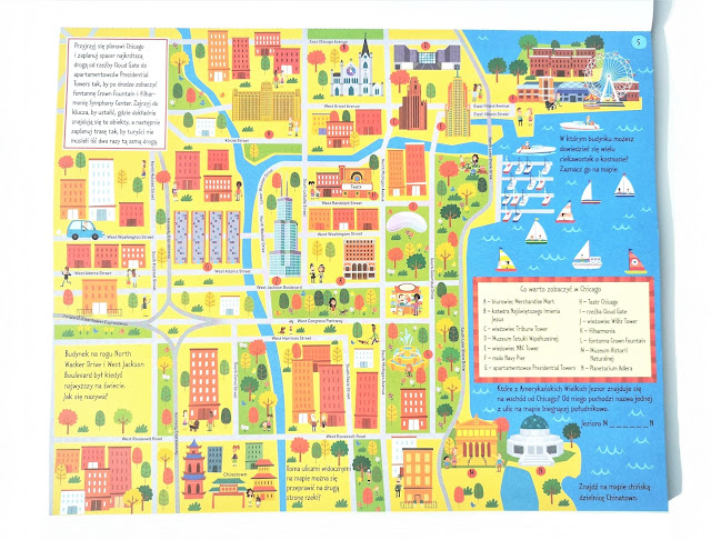 zagadki logiczne dla dzieci, na zdjęciu strona z mapą- fragmentem wybrzeża usa i związane z tym zadania np. odnalezienie opisanych budynków