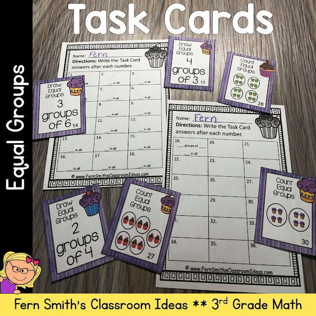 You will love how easy it is to prepare these 3rd Grade Go Math 3.1 Equal Groups Task Cards for your class. My students LOVED Task Cards and your students will too! You can dedicate one of your math centers, math workstations, as a task card center. By changing out the skill each week, your students already know the directions for using the task cards. Your students will enjoy the freedom of task cards while learning and reviewing important skills at the same time! Students can answer these Equal Groups task cards in your classroom math journals or on the included recording sheets. Perfect for assessment grades for 3rd Grade Go Math Chapter 3! Fern Smith's Classroom Ideas Equal Groups Task Cards at TpT.