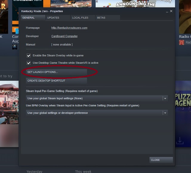 Screenshot of General Tab on Properties screen for Kentucky Route Zero on Steam