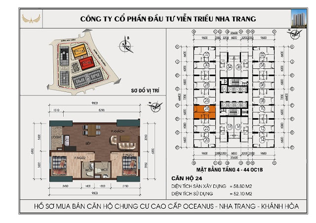 Mặt bằng Căn 24 Chung Cư OC1B Mường Thanh Viễn Triều Nha Trang