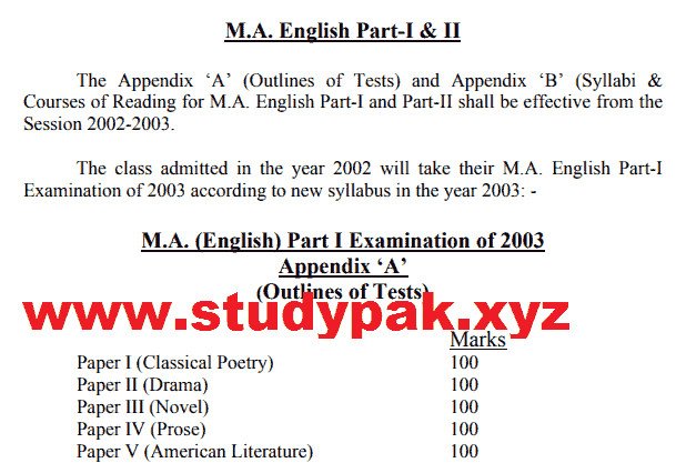 Punjab University MA English part 1 and part 2 syllabus