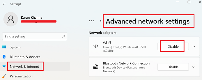 Enable and Disable Wi-Fi and Ethernet adapter on Windows 11 through Settings