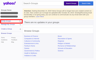 Yahoo Groups home page with All My Groups menu item circled
