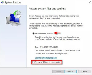 System restore Windows 10