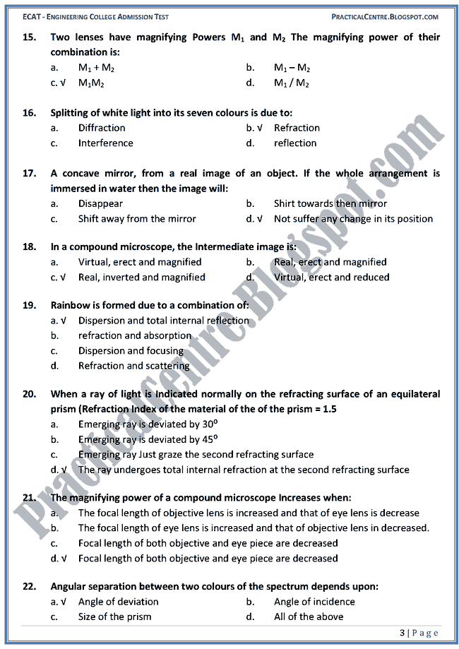 ECAT Physics [Optics] Mcqs for Engineering Admission Test
