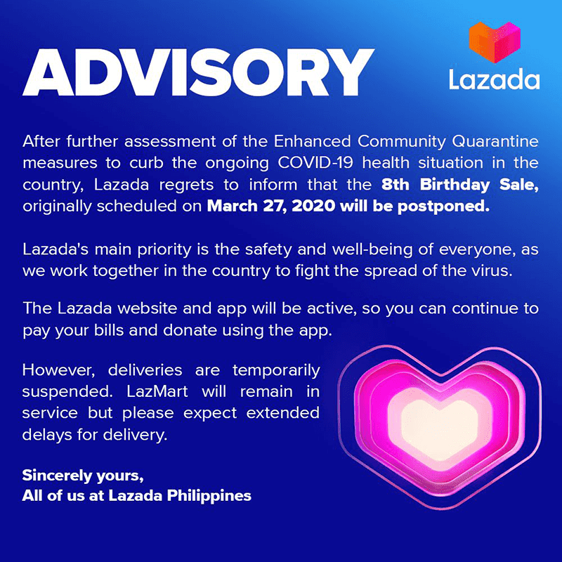 Lazada cancels 8th birthday sale and suspends deliveries because of