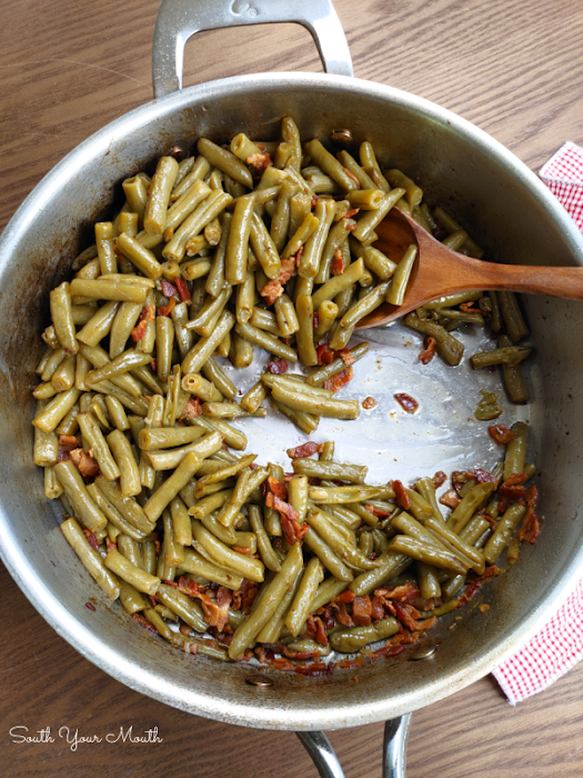 Southern-Style Canned Green Beans! The trick to making perfectly cooked Southern-style green beans with canned beans - the beans don’t fall apart but taste like they’ve cooked all day!