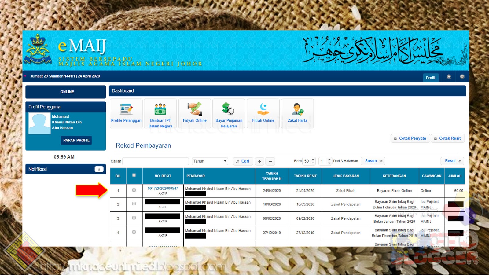 Zakat Fitrah menerusi Zakat Johor Online Payment