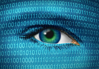 Tracking Eye on Binary 0 1 background blue: Intelligent Computing