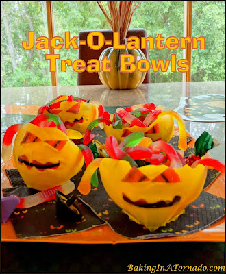 Jack-O-Lantern Treat Bowls are easy to make and so much fun to fill and share. | Recipe developed by www.BakingInATornado.com | #recipe #Halloween