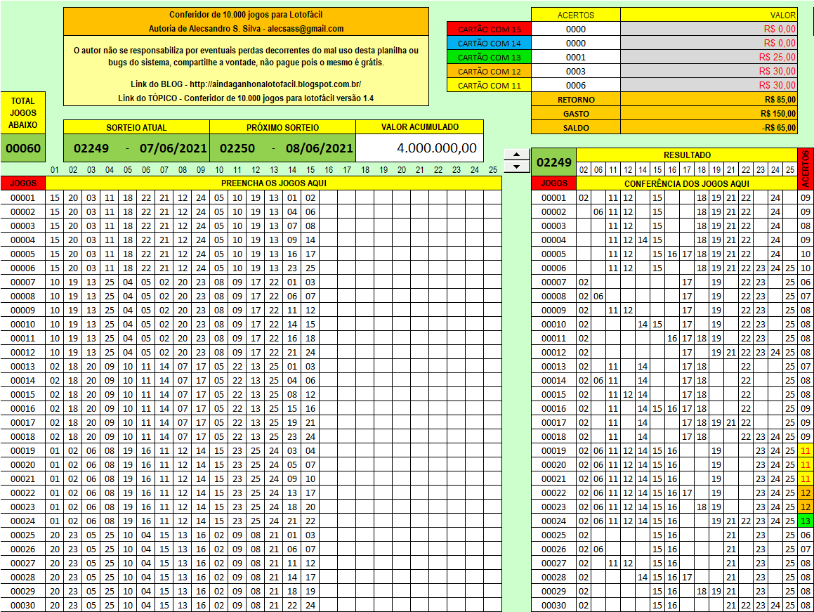 Planilha Lotofácil 20 dezenas em 8 jogos de 16 - Garantia de 13 Pontos -  Lotocerta