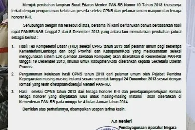 Kepastian waktu pengumuman hasil TKD CPNS 2013 pada 24 Desember.