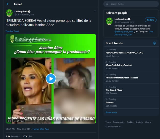 Lechuguinos difunde falso video de Jeanine Añez