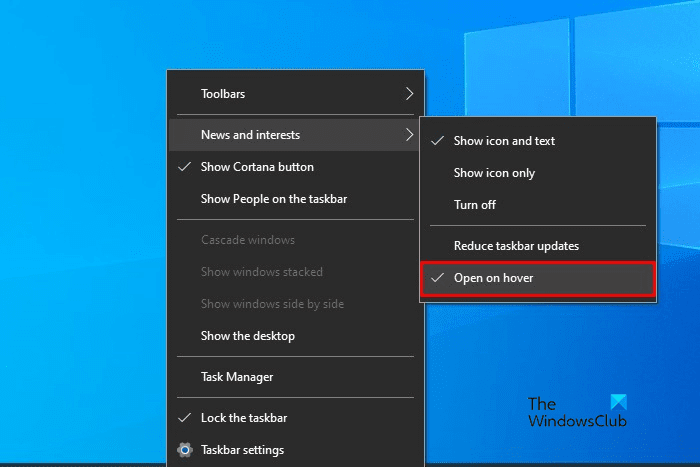 Windows10のホバーでオープンニュースとインタレストを有効または無効にする