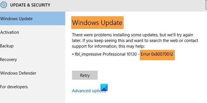 ข้อผิดพลาด Windows Update 0x80070012
