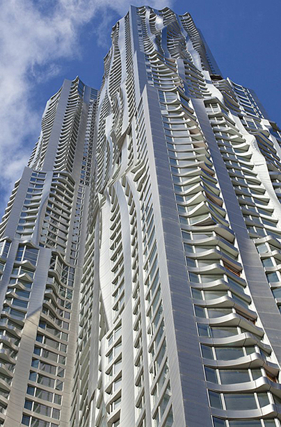 8 spruce street new york by gehry frank nyc tower building skyscraper St ny rascacielos edificio facade fachada windows brise soleil blue sky