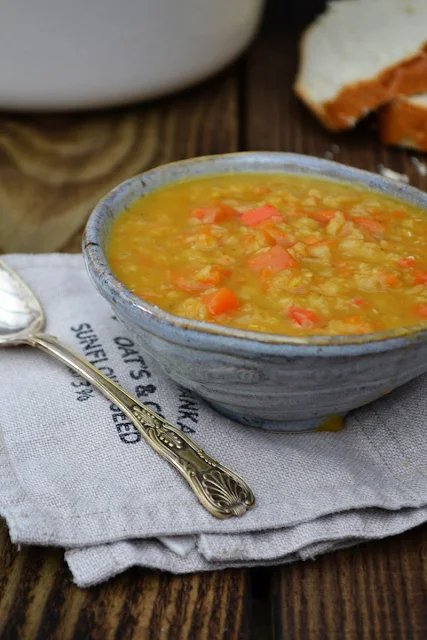 A warming lentil soup, made to use up salad drawer stragglers. Healthy, nutritious and very, very tasty. #lentilsoup #redlentilsoup #soup #easysoup #vegansoup #redlentils #lentils
