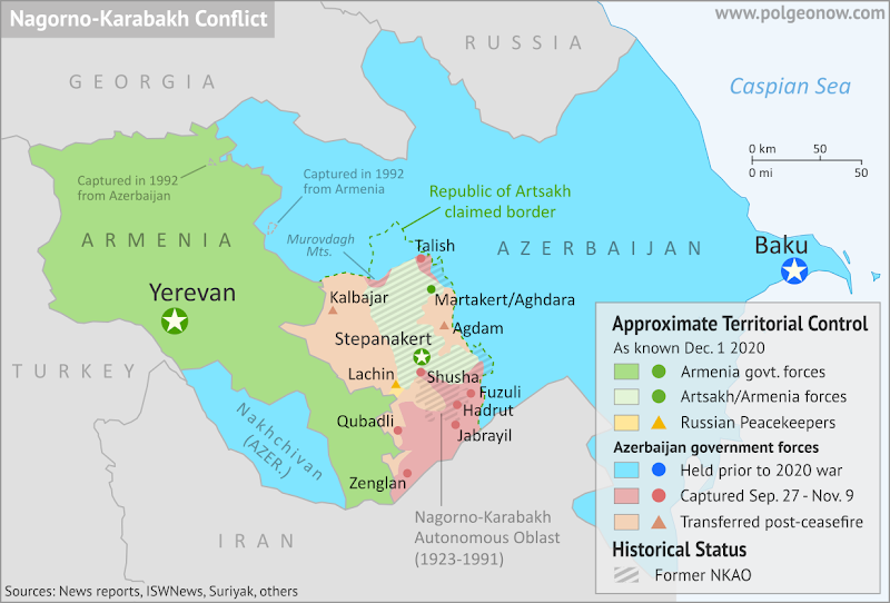 Map of territorial change in Nagorno-Karabakh before and after the 2020 war between Azerbaijan and the Armenia-backed, self-proclaimed Republic of Artsakh. Updated to December 1, 2020, the date of approximate completion of the Artsakh/Armenia withdrawals from areas outside the NKAO. Colorblind accessible.