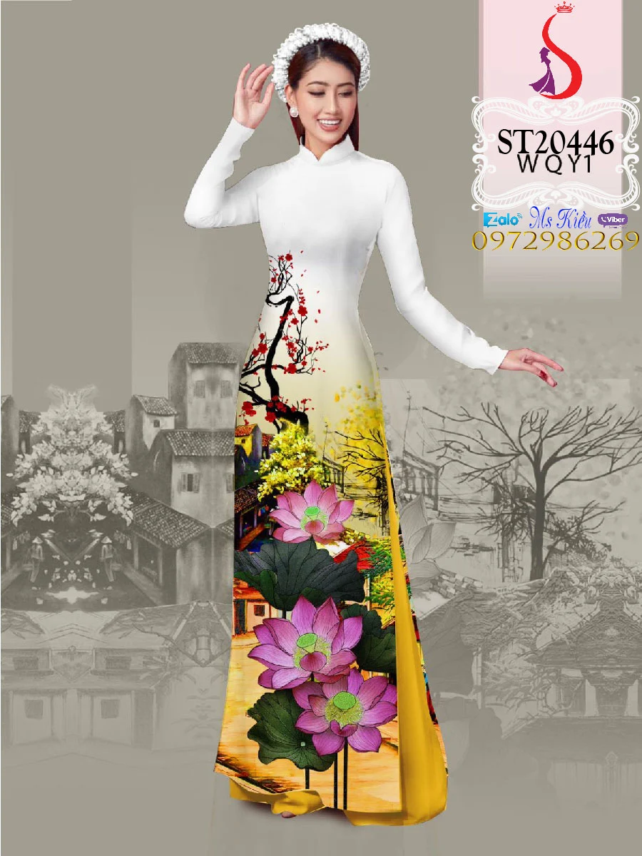 Duyên dáng thời trang với áo dài hoa sen rất đẹp ST441450
