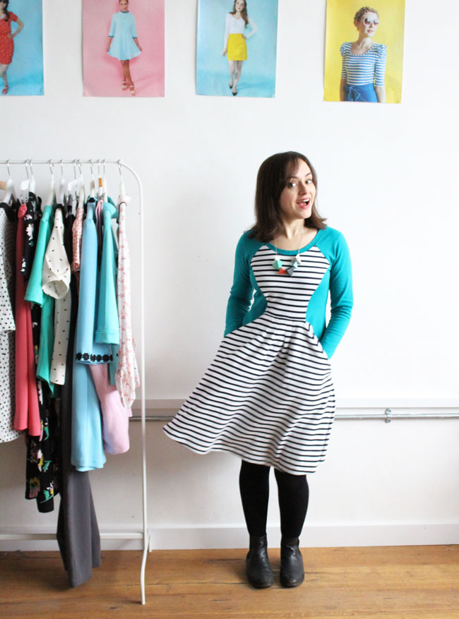 Tilly's teal and stripe ponte Zadie dress - sewing pattern by Tilly and the Buttons