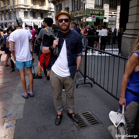 Brian George: Street style outside the Gucci show at Milan Moda Uomo
