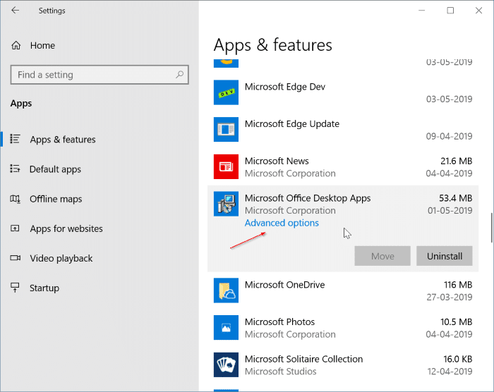 Uninstall Individual office 365 apps from Windows 10 pic1