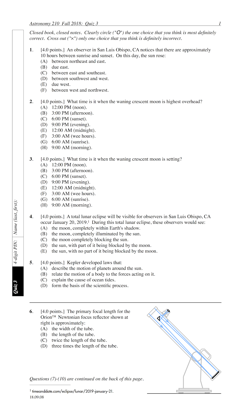 Pdog's blog boring but important Astronomy quiz archive telescopes