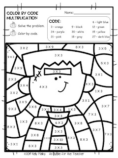 multiplication color-by-number Halloween worksheets