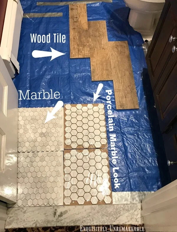 Comparing Bathroom Floor Tile with several wood, marble and marble look tiles on the subfloor