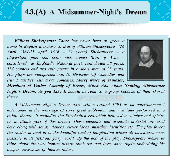 Chapter 4.3 - Extracts of Drama - (A) A Midsummer - Night's Dream Balbharati solutions for English Yuvakbharati 11th Standard Maharashtra State Board Chapter 4.3 - Extracts of Drama - (A) A Midsummer - Night's Dream Balbharati solutions for English Yuvakbharati 11th Standard Maharashtra State Board
