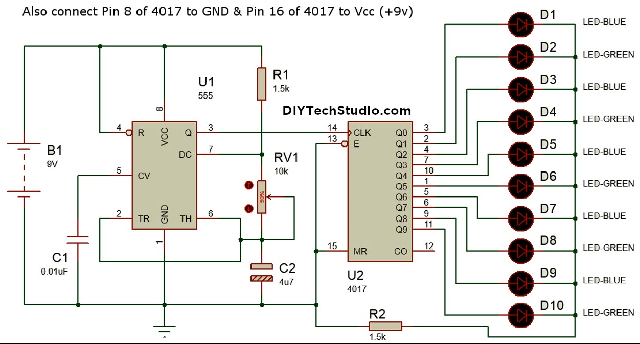 DIYTechStudio LED Chaser or Sequencer Using 555 & 4017