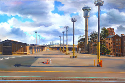 Plein air oil painting of the Harbour Control Tower from the East Darling Harbour Wharf, now Barangaroo painted by Jane Bennett