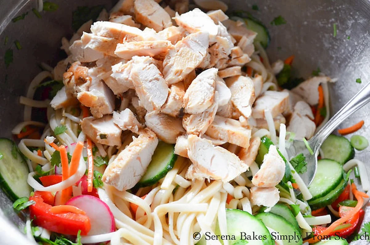 A large stainless steel bowl filled with noodles, vegetables and sliced chicken.