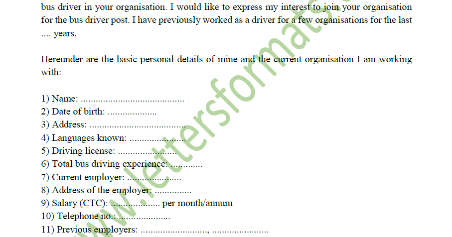 sample of application letter for the position of a driver