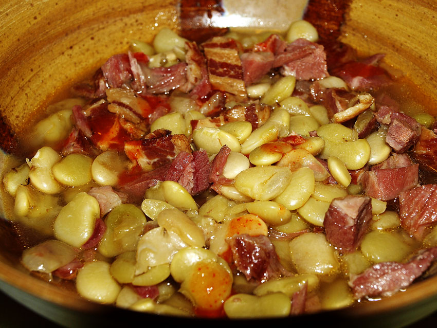 Pellet Smoker Cooking Baby Green Lima Beans, Ham Hock and Bacon