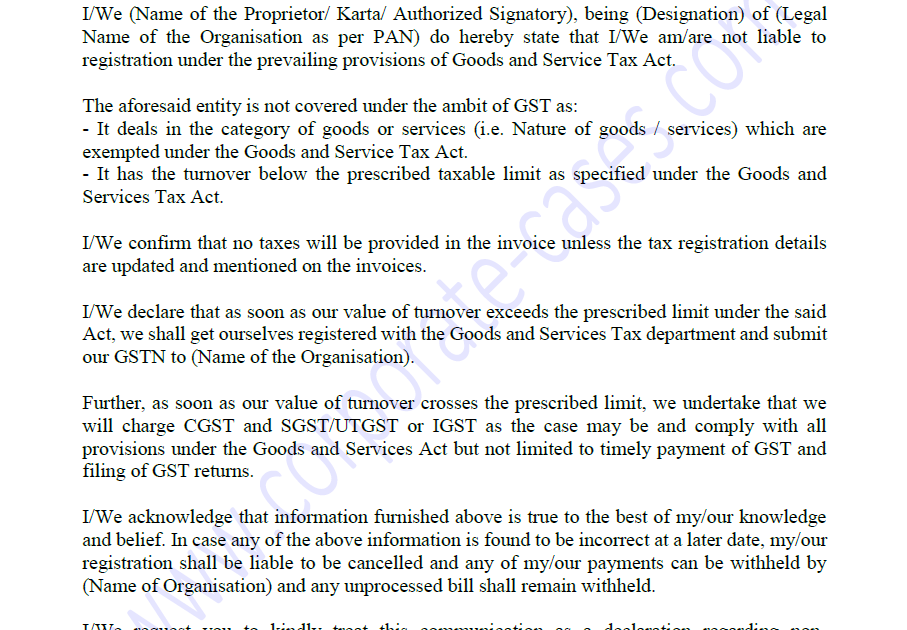 GST Non Applicability Enrollment Registration Declaration Form
