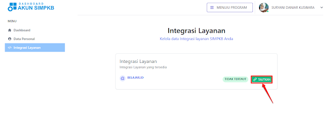 Pilih / klik tombol Selengkapnya pada kolom Integrasi Layanan.