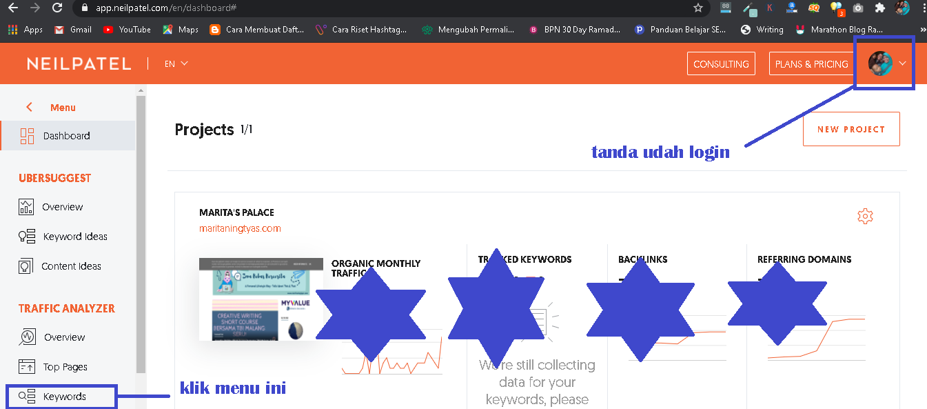 tampilan after login di ubersuggest neil patel