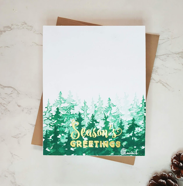 CAS card, Stampers Anonymous, generation stamping, season's greetings, Everyday cards, Quick card, Quillish, Pine tree card, Pine tree stamping, Fog in trees