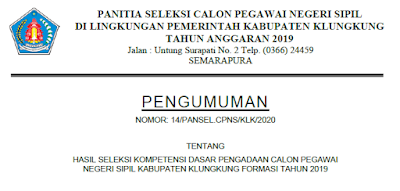 Pengumuman Hasil Skd Cpns Kabupaten Klungkung Tahun 2019 Info Dunia Edukasi