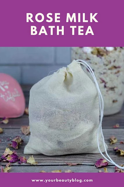 How to make a rose milk bath tea. this recipe has ingredients with many benefits for dry skin and eczema. It uses powdered coconut milk or powdered milk, oatmeal, rose petals, and essential oils that promote relaxation and stress relief. Place it in tea bags or muslin to soak in the tub. Easy homemade recipe for detox with herbal ingredients. Includes how to use and ideas for DIY bath products. #rose #milkbath